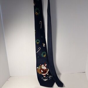 Festive Holiday Museum Artifacts  "Santa" Silk Black Tie Handmade In USA